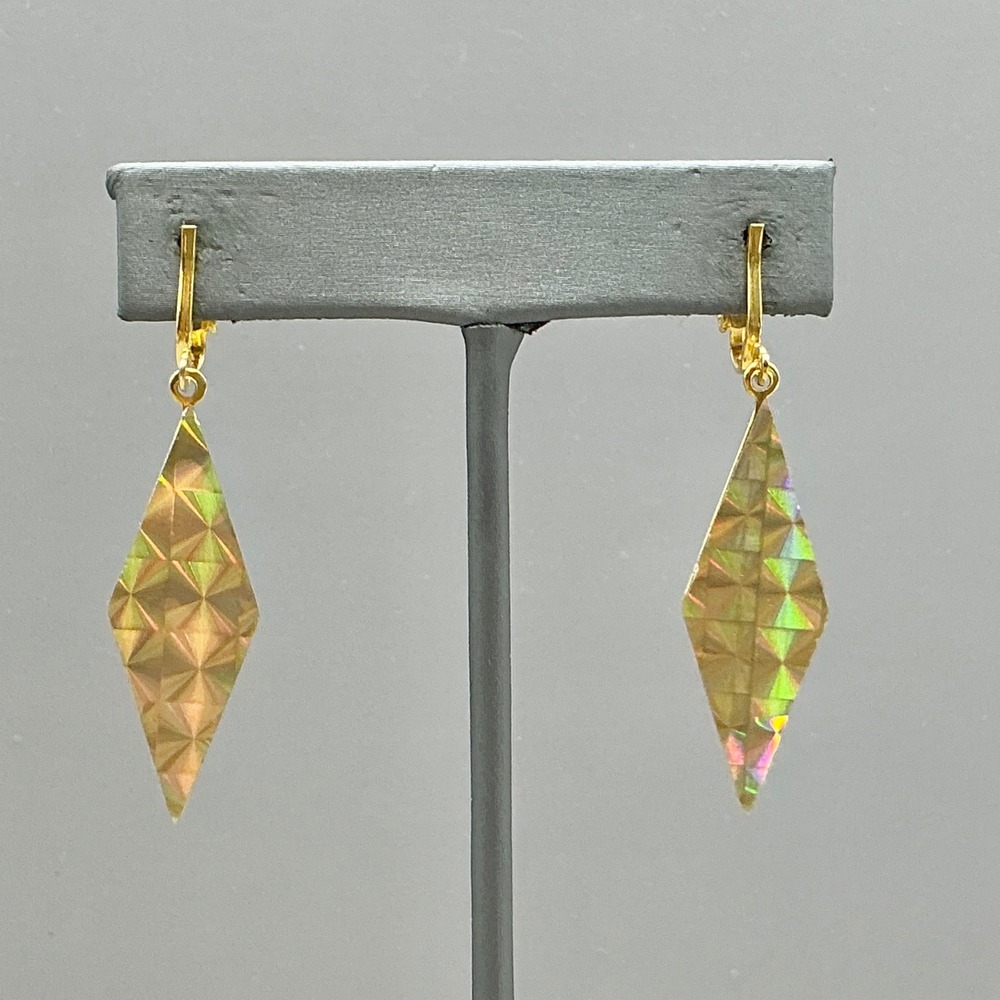 Holographic Diamond Dangle Earrings Women Gold Tone Iridescent Geometric Clip On